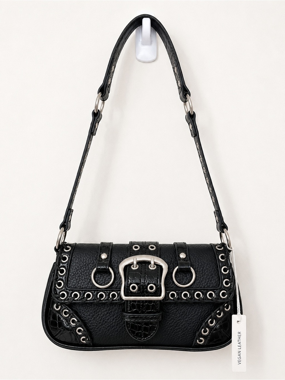 Black Vegan Leather Buckle Shoulder Bag